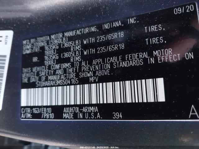 Toyota Highlander Hybrid Xle 2021 5TDHARAH3MS504165 Image 9