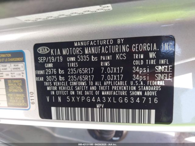 5XYPG4A3XLG634716 KIA Sorento 2.4l Lx