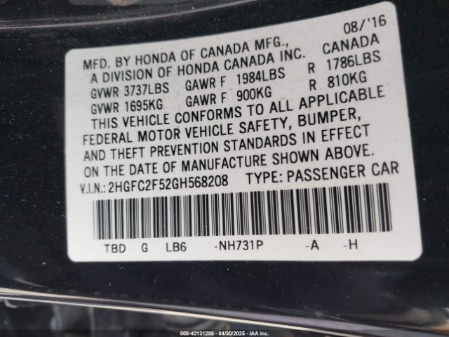 2HGFC2F52GH568208 Honda Civic Lx