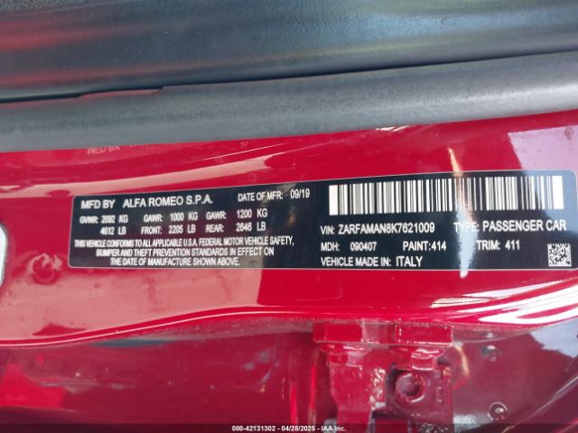 ZARFAMAN8K7621009 Alfa Romeo Giulia Rwd