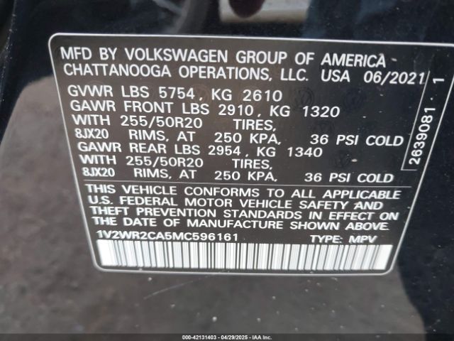 1V2WR2CA5MC596161 Volkswagen Atlas 3.6l V6 Se W/technology