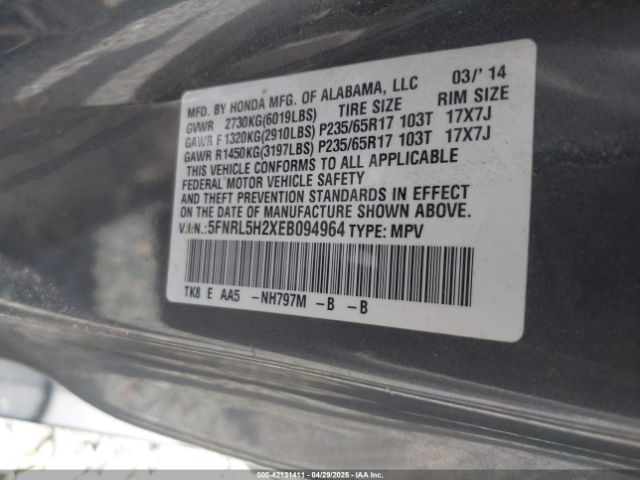 5FNRL5H2XEB094964 Honda ODYSSEY LX