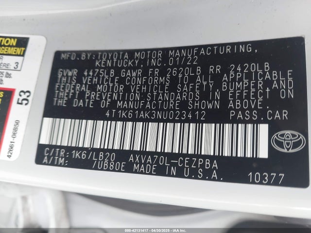 4T1K61AK3NU023412 Toyota CAMRY XSE