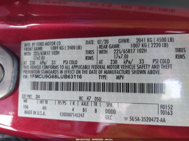 2020 FORD ESCAPE 1FMCU9G68LUB63116 Photo 8