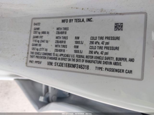 5YJ3E1EBXNF246318 Tesla Model 3 Long Range Dual Motor All-wheel Drive