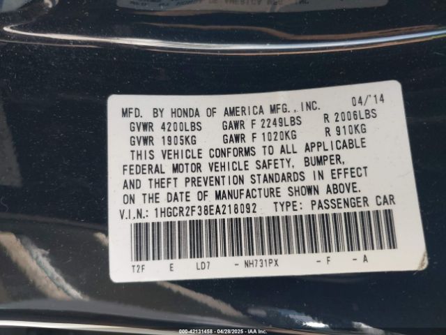 1HGCR2F38EA218092 Honda k24w1