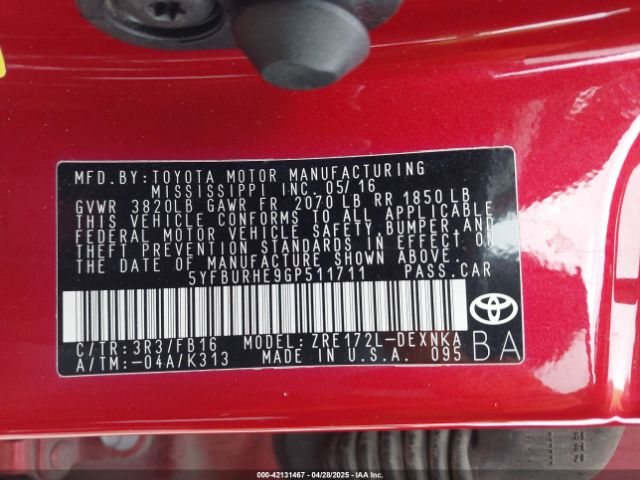 5YFBURHE9GP511711 Toyota COROLLA LE