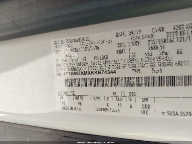 1FTBW3XMXKKB74344 Ford 2019