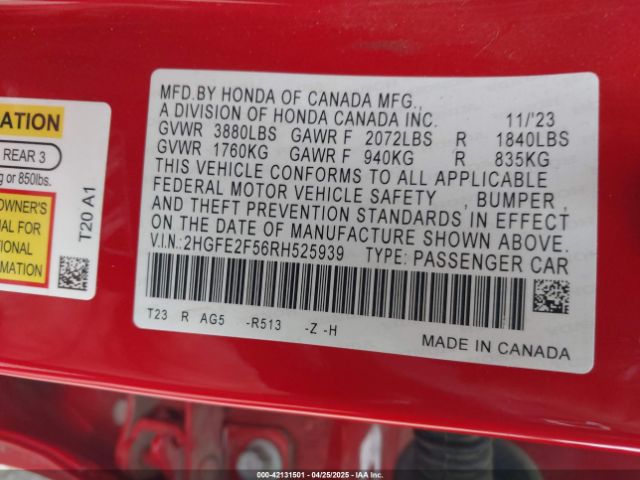 2HGFE2F56RH525939 Honda Civic Sport