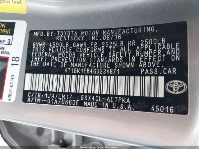 4T1BK1EB4GU234871 Toyota AVALON LIMITED