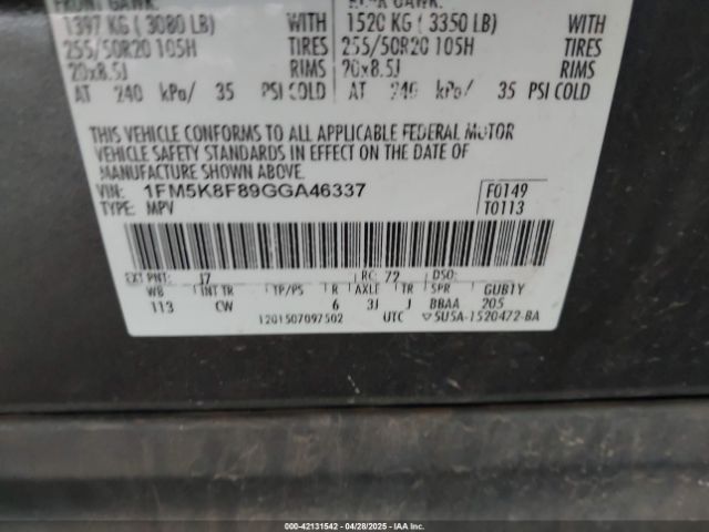 1FM5K8F89GGA46337 Ford Explorer Limited