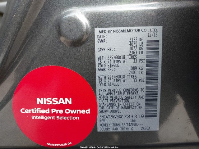 5N1AT2MV9GC783319 Nissan Rogue Sl