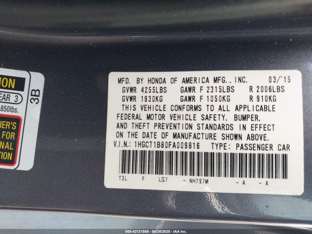 Honda Accord Ex-l 2015 1HGCT1B80FA009816 Image 9