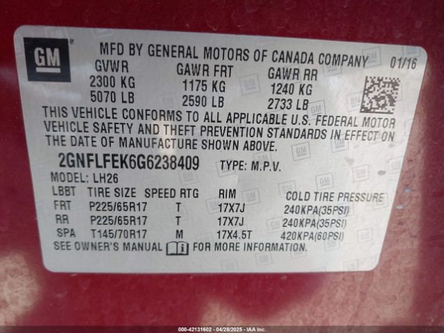 2GNFLFEK6G6238409 Chevrolet EQUINOX LT