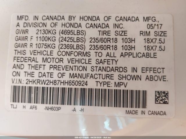 2HKRW2H87HH650924 Honda Cr-v Ex-l/ex-l Navi