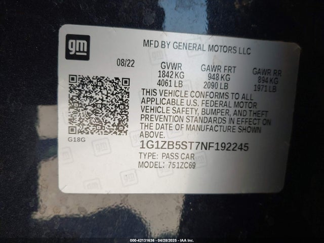 1G1ZB5ST7NF192245 Chevrolet Malibu Fwd Ls
