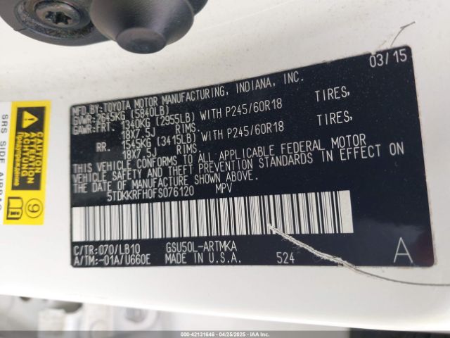 5TDKKRFH0FS076120 Toyota Highlander Xle V6