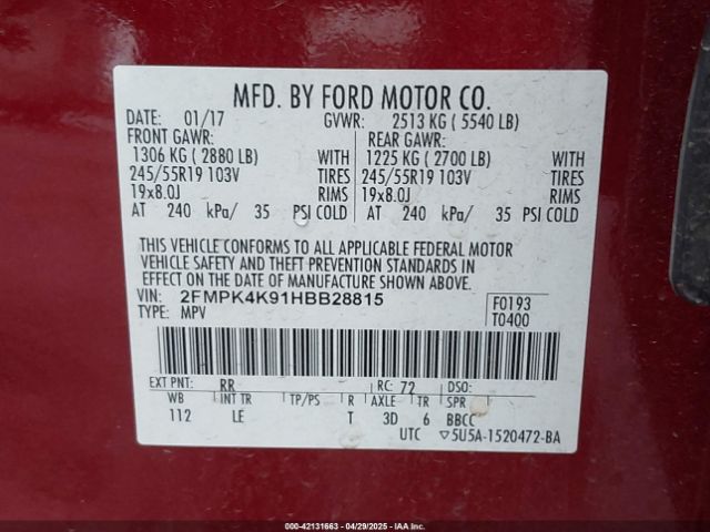 2FMPK4K91HBB28815 Ford 2.0l gtdi