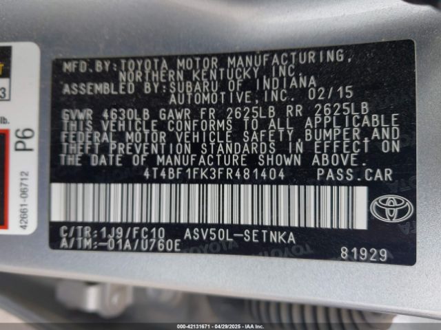 4T4BF1FK3FR481404 Toyota CAMRY LE