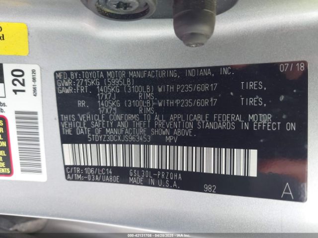 5TDYZ3DCXJS963453 Toyota Sienna Xle 8 Passenger