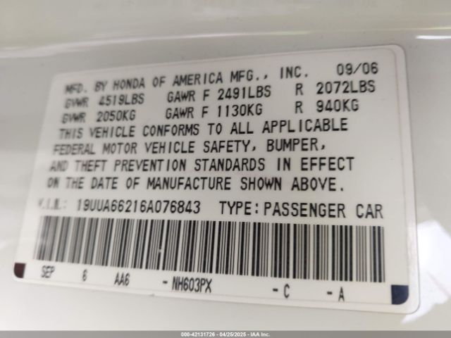 2006 ACURA TL 19UUA66216A076843 Photo 8