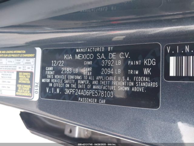 3KPF24AD6PE578103 KIA Forte Lxs