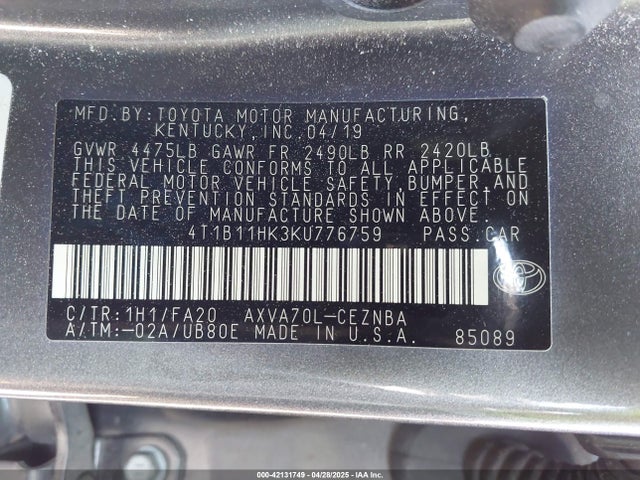4T1B11HK3KU776759 Toyota CAMRY LE