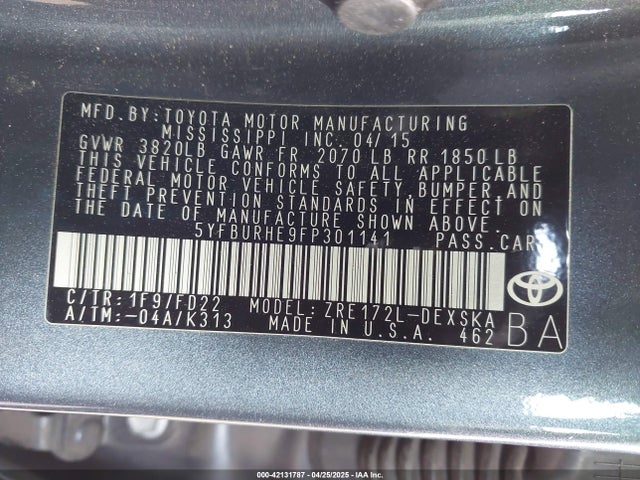5YFBURHE9FP301141 Toyota Corolla S Plus