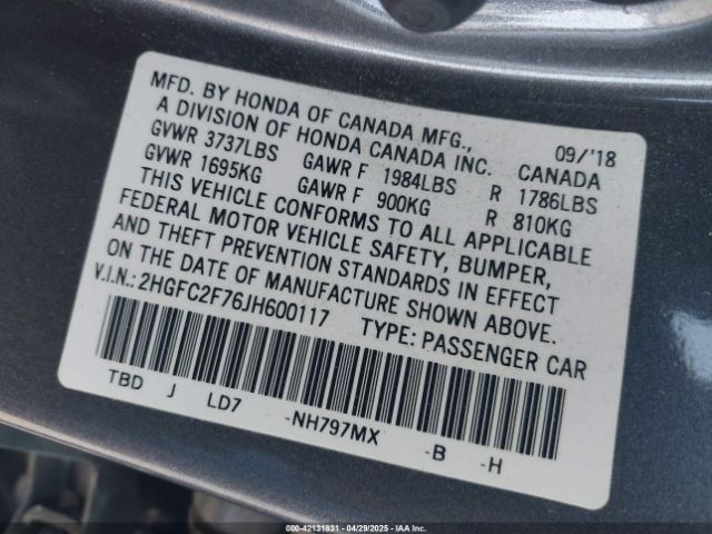 2HGFC2F76JH600117 Honda CIVIC EX