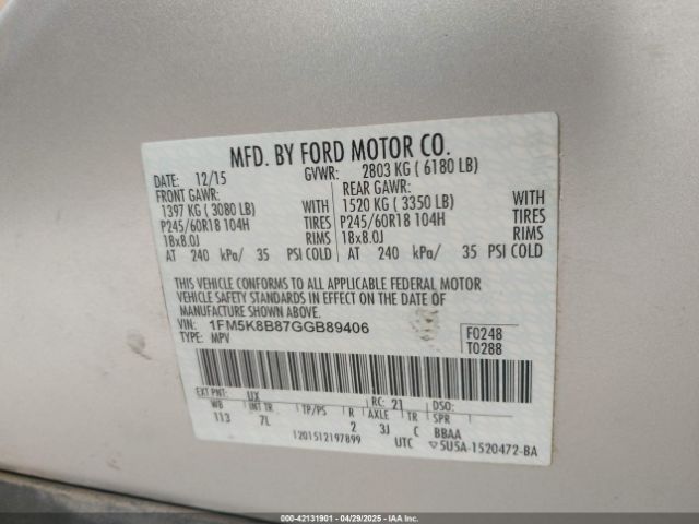 1FM5K8B87GGB89406 Ford Explorer