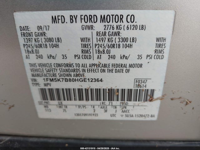 1FM5K7B80HGE12364 Ford Explorer
