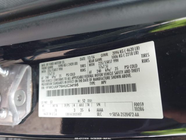 1FMCU0F76HUC34195 Ford ESCAPE S