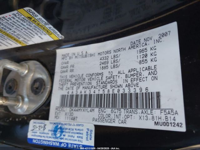 2008 MITSUBISHI ECLIPSE 4A3AK34T58E033396 Photo 8