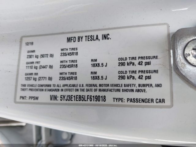 5YJ3E1EB5LF619018 Tesla Model 3 Long Range Dual Motor All-wheel Drive