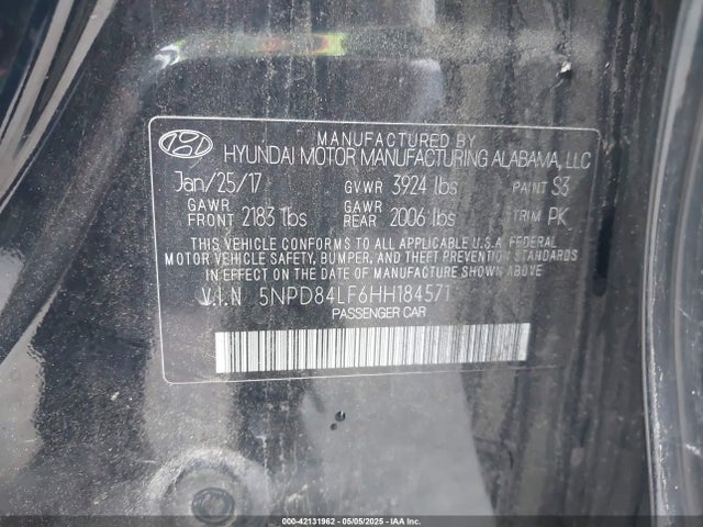 5NPD84LF6HH184571 Hyundai Elantra Limited