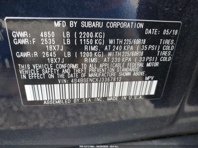 4S4BSENCXJ3367812 Subaru Outback 3.6r Limited
