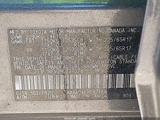 2T3F1RFV2MC237378 Toyota RAV4 LE