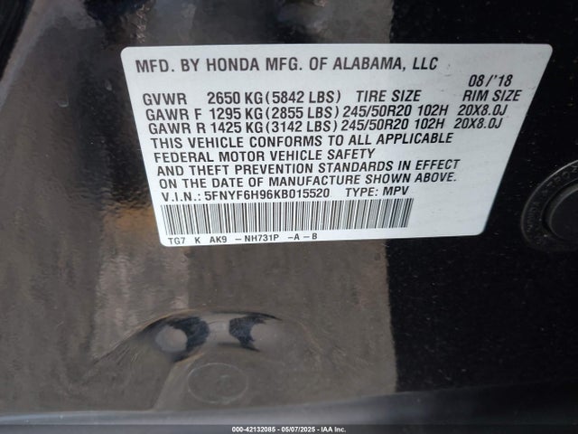 5FNYF6H96KB015520 Honda j35y6