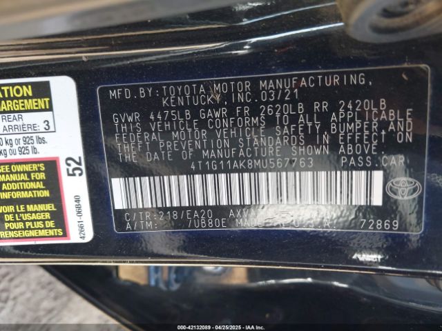 4T1G11AK8MU567763 Toyota CAMRY SE