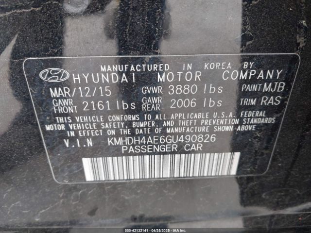 KMHDH4AE6GU490826 Hyundai ELANTRA SE