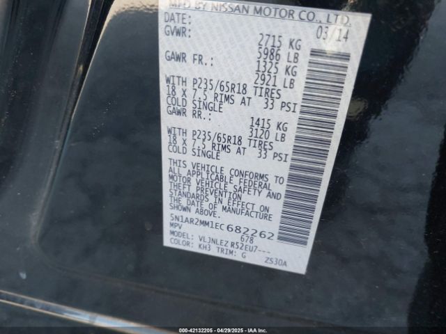 5N1AR2MM1EC682262 Nissan Pathfinder Sv