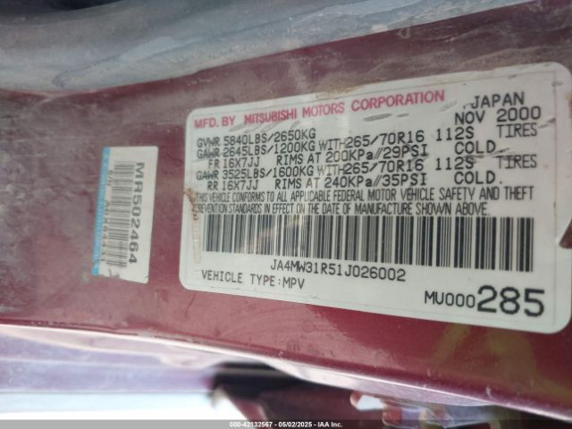 2001 MITSUBISHI MONTERO JA4MW31R51J026002 Photo 8