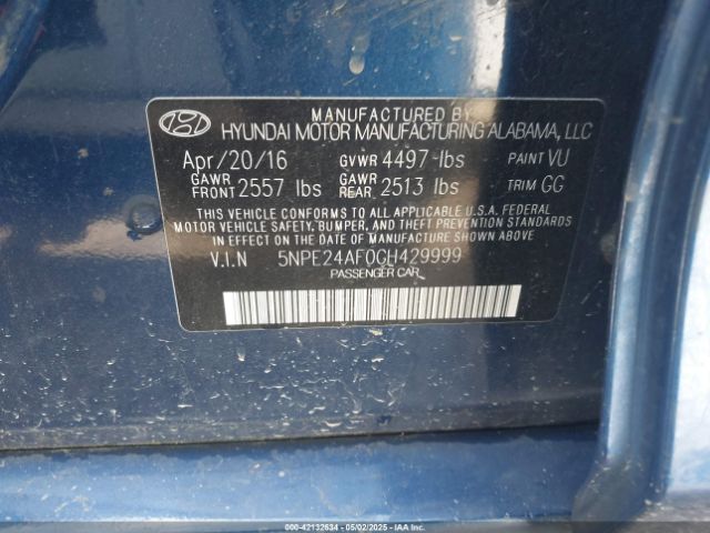 5NPE24AF0GH429999 Hyundai SONATA SE