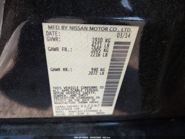 1N4AL3AP4EC317297 Nissan Altima 2.5/s/sv/sl
