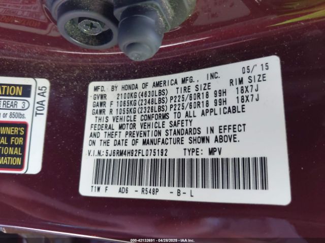 5J6RM4H92FL075192 Honda Cr-v Touring