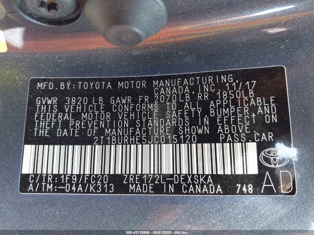 2T1BURHE5JC015120 Toyota COROLLA SE