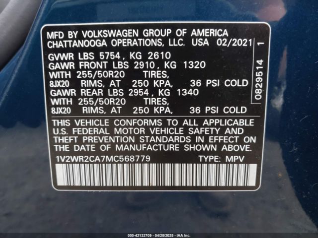 1V2WR2CA7MC568779 Volkswagen Atlas 3.6l V6 Se W/technology