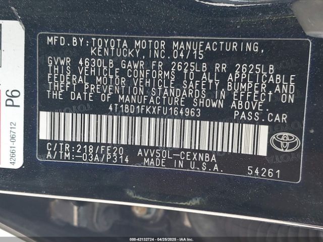4T1BD1FKXFU164963 Toyota Camry Hybrid Le