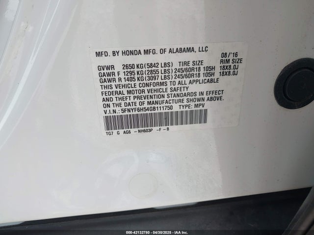 5FNYF6H54GB111750 Honda Pilot Ex-l