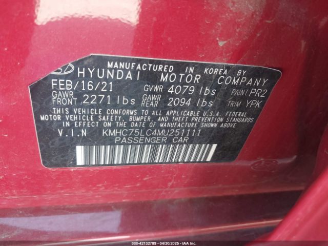 KMHC75LC4MU251111 Hyundai Ioniq Hybrid Se